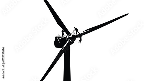Silhouette of workers on wind turbine blades for renewable energy installation and maintenance