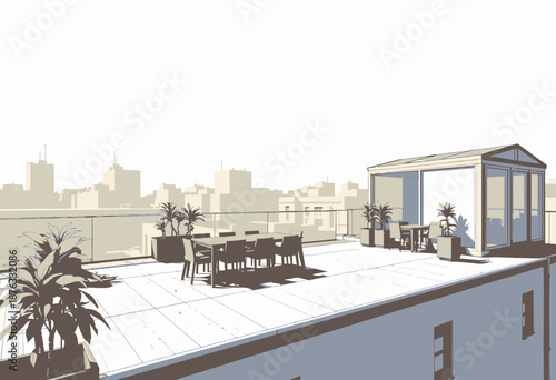 Modern rooftop terrace with sleek wooden furniture, lush green plants, and panoramic city skyline view under a clear blue sky, designed for relaxation and leisure.