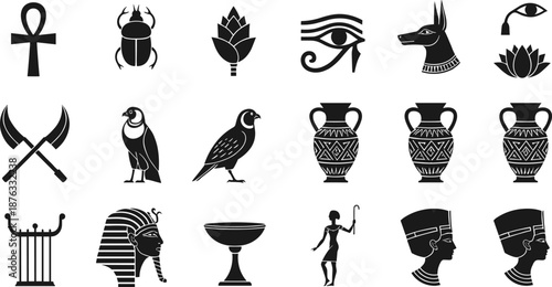 Set of Ancient Egyptian history black silhouette vector icons featuring Pharaoh head, Anubis, Eye of Horus, Ankh cross, scarab beetle, and decorative pottery.