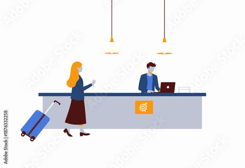 Illustration of Hotel Reception with Travelers Checking In, Engaging with Staff at Front Desk Under Modern Pendant Lights
