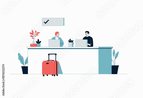 Illustration of a Hotel Reception Desk with Two Employees Interacting with a Suitcase in the Foreground and Plants Enhancing the Modern Design