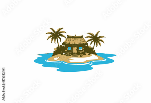 Illustration of a tropical island with a small thatched hut surrounded by palm trees and calm blue waters creating a serene and idyllic getaway scene
