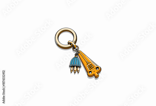 Colorful Keychain with Gold and Blue Pendant Featuring Artistic Geometric Designs and Intricate Detailing Against a White Background
