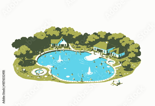 Illustrated depiction of a serene park featuring a large, inviting pond with fountains, surrounded by lush greenery, small cottages, and visitors enjoying leisure activities