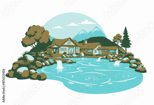 Cartoon Illustration of a Tranquil Lakeside Cabin Retreat with Idyllic Mountain Views and Lush Greenery Creating a Serene and Peaceful Atmosphere