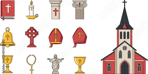 Professional Christian religious vector icon set featuring a church building, holy bible, crucifix, rosary, chalice, golden bell, and bishop mitre illustrations.