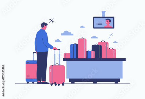Illustration of a man at an airport with multiple suitcases waiting at a baggage claim area, conveying travel and transportation themes in a vibrant style