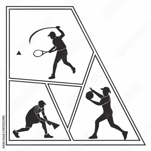 Silhouetted Athletes in Tennis, Hurling, and Basketball.

