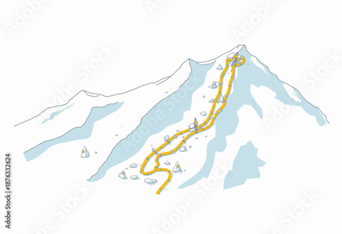 Illustrated Mountain Expedition Route with Climbers and Markers on Snowy Peak Highlighting Adventure Path