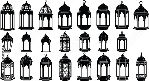 Large collection of black Islamic lantern silhouette vector icons featuring traditional Fanous designs with intricate patterns for Ramadan and Eid decoration backgrounds.