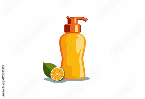 Illustration of a bright orange pump bottle with fresh lime and green leaf accents symbolizing citrus-infused beauty or personal care product packaging design