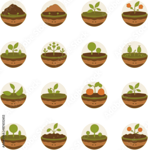 icon set illustrating the compost usage and garden output cycle. Includes soil enrichment, vegetable growth stages, flower beds, fruit harvest, and healthy soil layers.