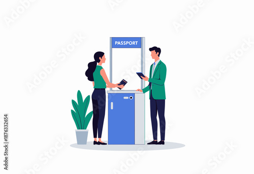 Illustration of Two People Engaging in a Passport Control Checkpoint Interaction with Documents in Hand and Plant Nearby