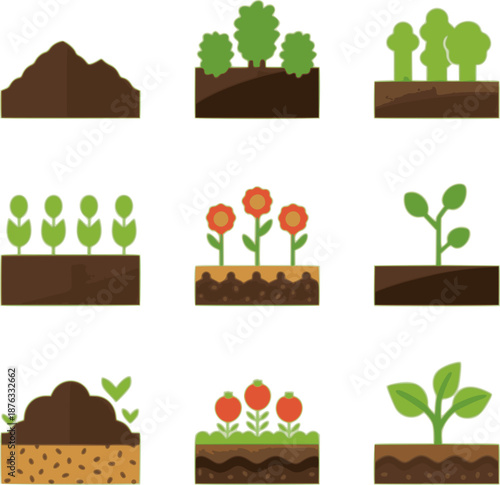 icon set illustrating the compost usage and garden output cycle. Includes soil enrichment, vegetable growth stages, flower beds, fruit harvest, and healthy soil layers.