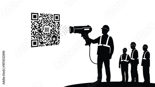 Workers in hard hats spray painting a large qr code on a white background with four silhouettes