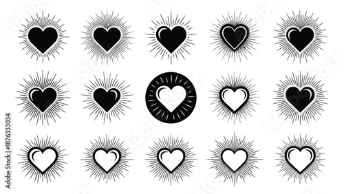 A collection of black and white heart shapes with radiating lines and designs