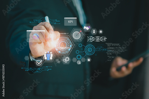 Business professional interacting with AI interface for KPI analysis, performance tracking, data visualization, automation workflow, digital strategy improve business efficiency and decision making.