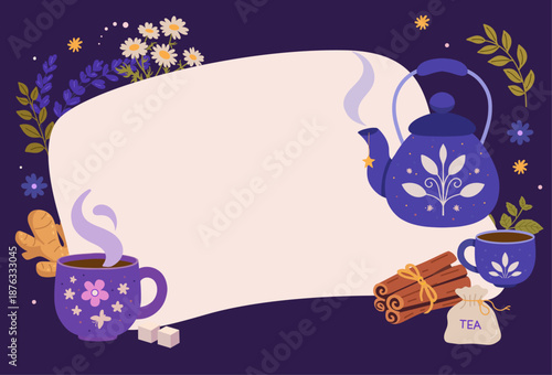 Night tea frame with teapot, cups, cinnamon, ginger, chamomile and tea bag around blank space. For posters, menus, web banners.