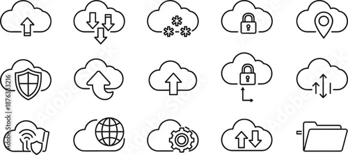 Professional cloud computing vector icon set featuring data upload, download, secure locking, cloud storage synchronization, global networking, and folder management line illustrations.