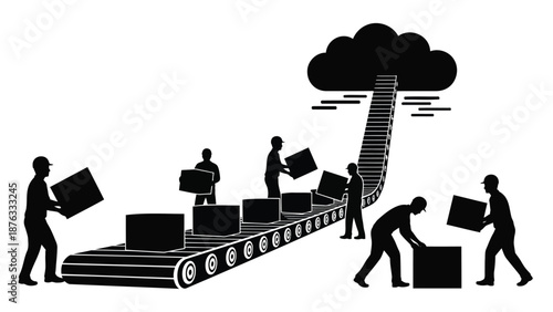 Workers on conveyor belt moving boxes up staircase to cloud symbolizing data storage and teamwork in business and technology