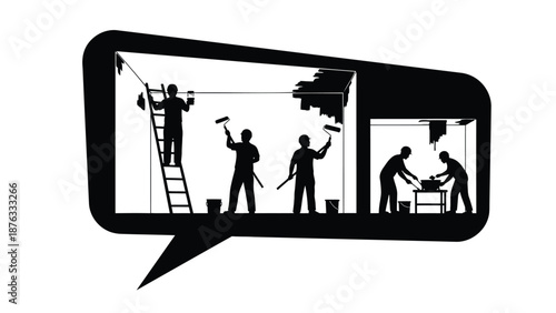 Construction workers painting house exterior with ladders and tools teamwork concept