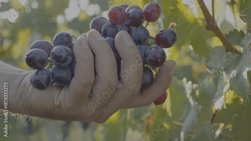 Wallpaper Mural Man harvesting ripe grapes with pruning shears in a wineyard, showcasing the careful cutting and collection process in a vineyard, emphasizing the lush green leaves and sunlight Torontodigital.ca