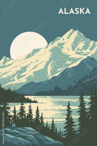 Alaska, USA illustrated poster in retro style. Vintage vector travel booklet, brochure, postcard, print, cover with panoramic view, landscape, mountains, lake