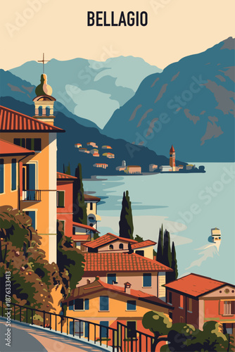 Bellagio, Italy village illustrated poster in retro style. Vintage vector travel booklet, brochure, postcard, print, cover with panoramic view, waterfront, houses
