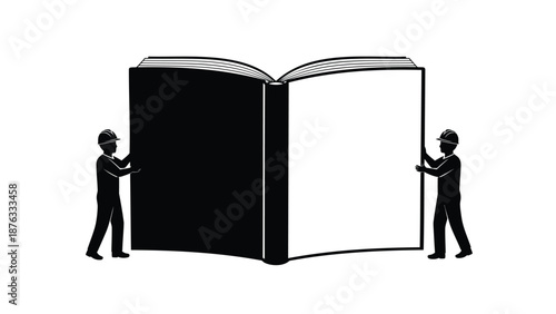 Two workers holding a large open book with black and white pages on a plain background