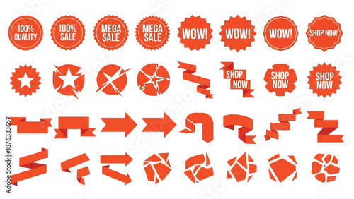 Collection of vibrant red sale badges ribbons and promotional graphic elements