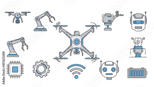 Robotics Automation and Smart Manufacturing Icon Set Representing Industrial Robots Assembly Lines and Advanced Production Systems
