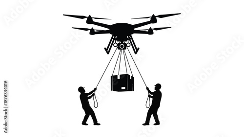 Drone lifting heavy object with ropes held by two workers in silhouette against white background