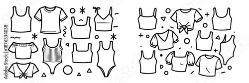 Clothing collection of tops and swimsuits in vector style