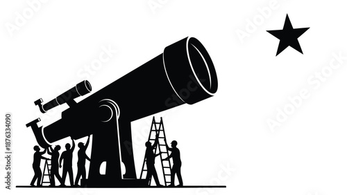 Astronomers setting up large telescope at night to observe star in sky