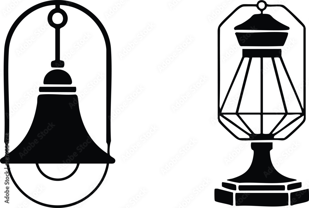 Obraz premium Minimalist Comparison of Modern and Traditional Lighting Styles, Monochrome Lighting Fixture Graphics with Geometric Details, Contemporary Hanging Lamp and Decorative Lantern Silhouettes, vector.