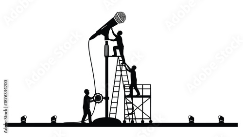 Three workers setting up large microphone on stand with spotlight and scaffolding