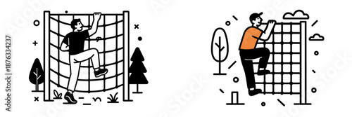 Climbers tackling outdoor training obstacle in vector illustration