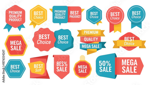 Collection of colorful promotional badges and labels displaying quality and sales offers