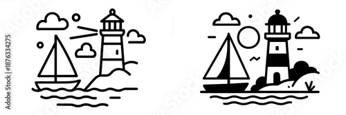 Vector illustration of lighthouses with sailing boats on water