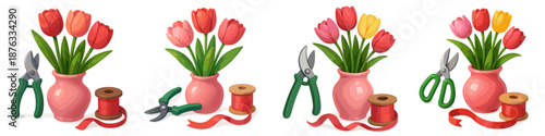 Spring tulips arrangement with gardening tools in vector illustration
