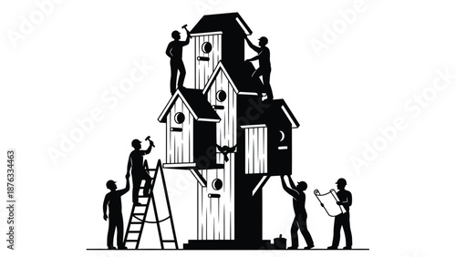 Teamwork concept with people building a large birdhouse together outdoors