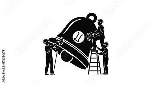 Three workers repairing a large clock with a ladder and tools on a white background