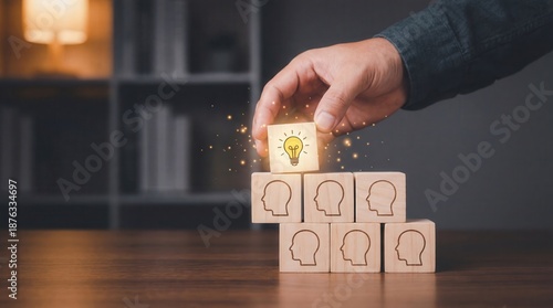 A human hand carefully places a glowing lightbulb idea block on wooden head profile cubes symbolizing teamwork brainstorming and innovation in a softly lit indoor office 