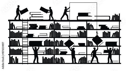 Silhouette of people working on a large bookshelf with books and objects