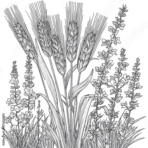 A black and white illustration of wheat and wildflowers. Detailed botanical scene