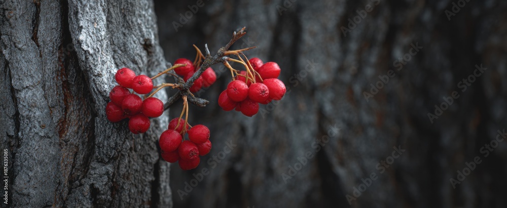 Fototapeta premium Bright red fruits pop against rough gray wood showing strength in minimalism