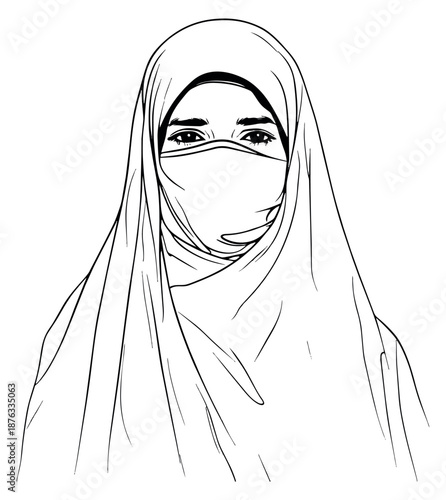 Line art illustration of a muslim woman depicting a niqab and hijab for cultural representation