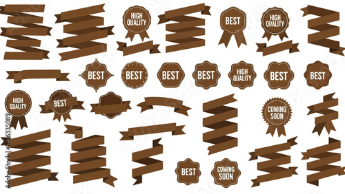 Collection of brown ribbons and labels with quality and best text