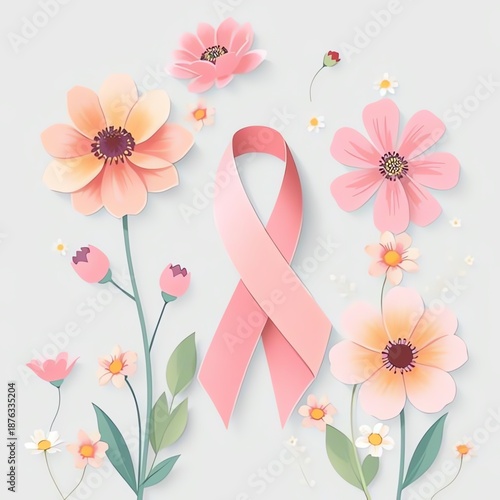 Pink ribbon and delicate flowers symbolizing breast cancer awareness and hope.