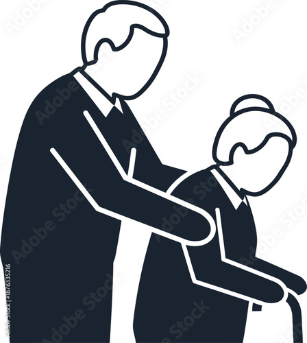 A man assisting a woman with a walking stick